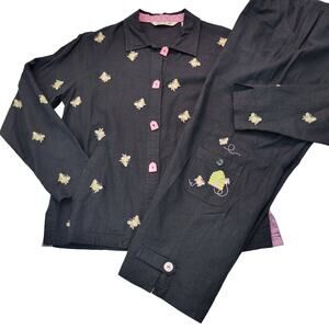 Vintage Mureli Womens M Black Linen Blend Bumblebee Embroidered Costal Outfit